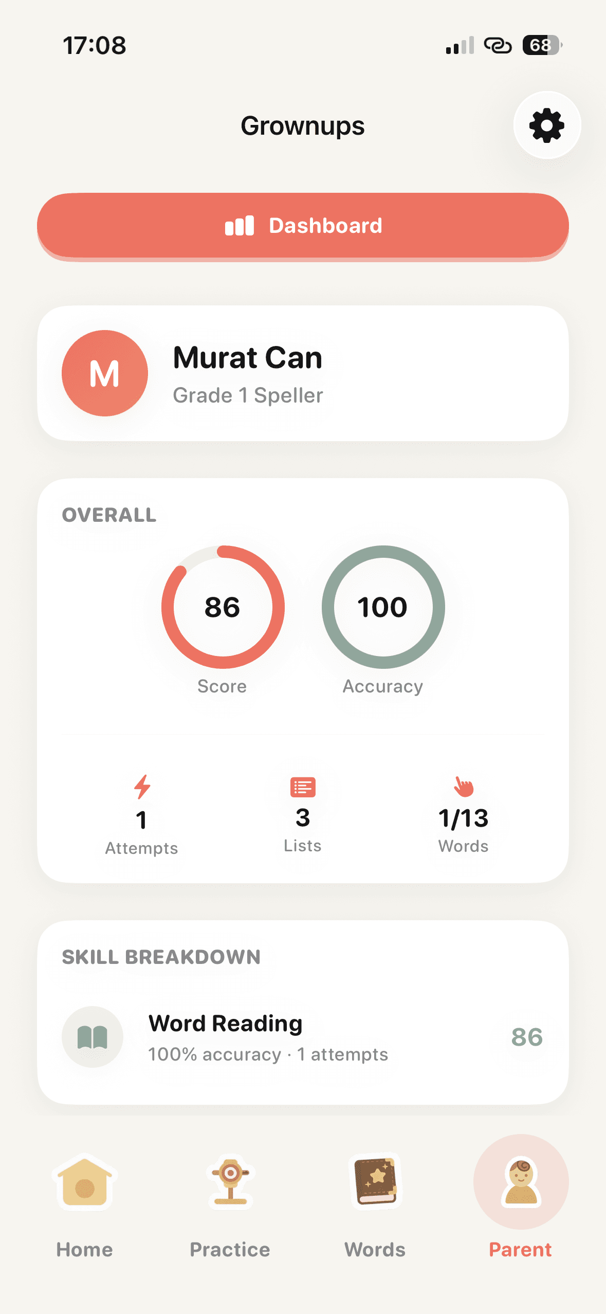 Parent dashboard showing score, accuracy, attempts and skill breakdown