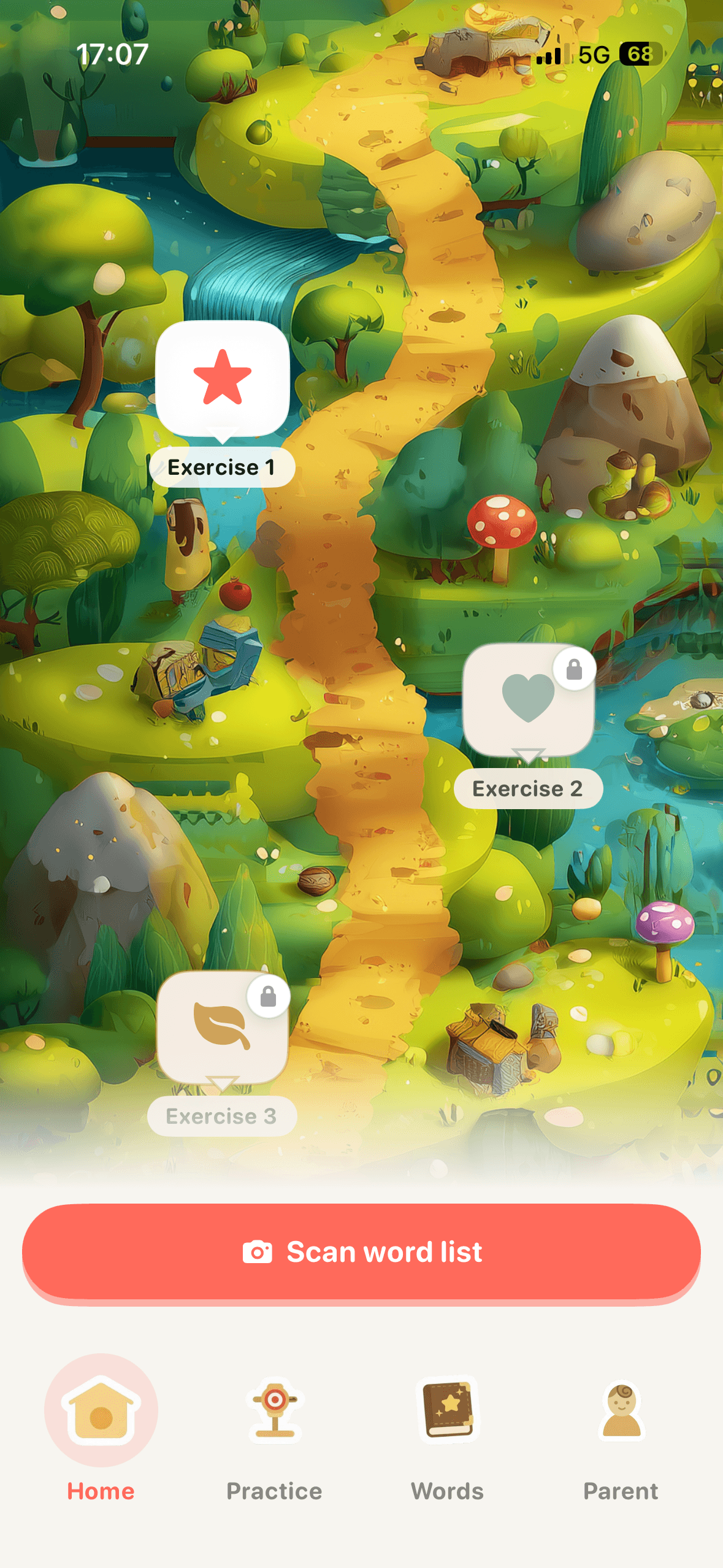 Easyspell home screen with illustrated forest map and exercises