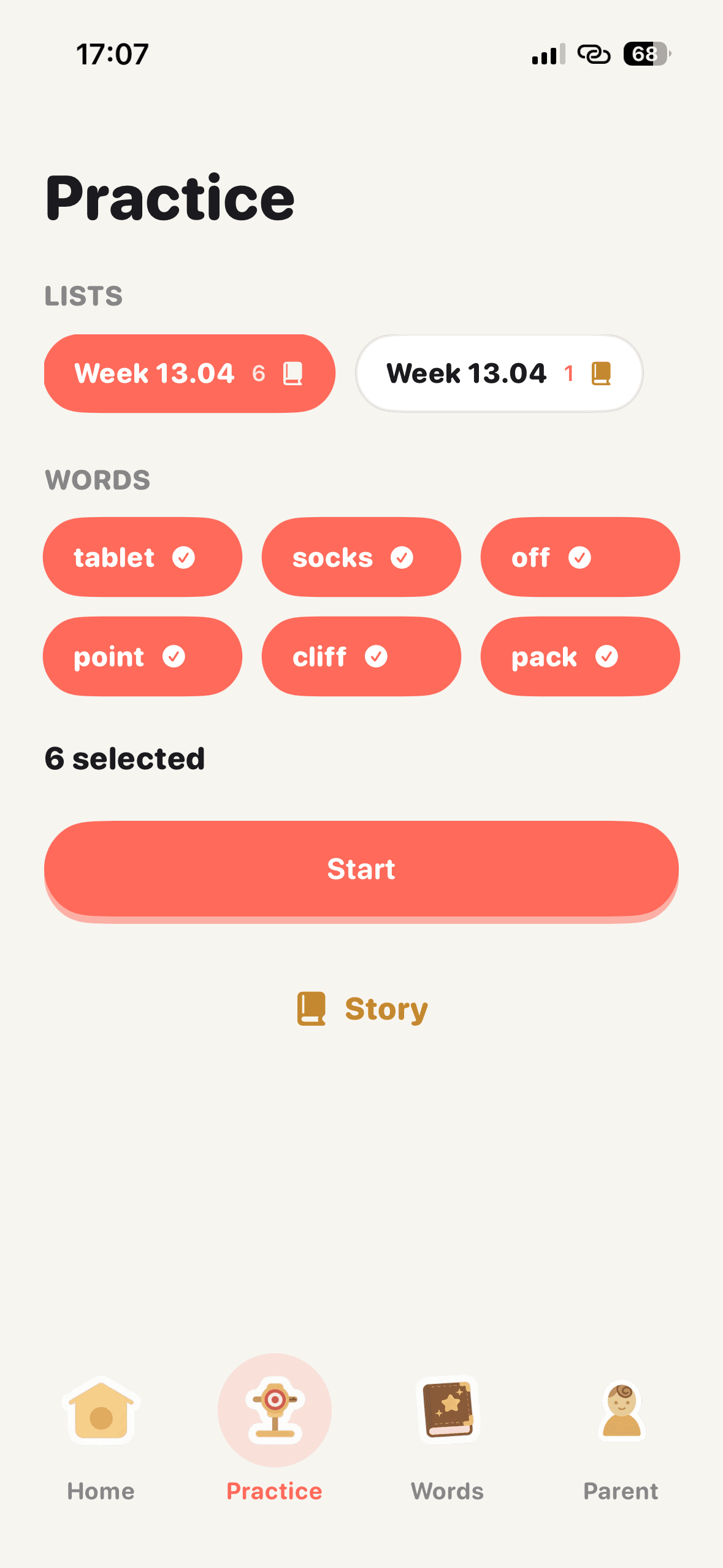 Easyspell practice screen showing weekly spelling list