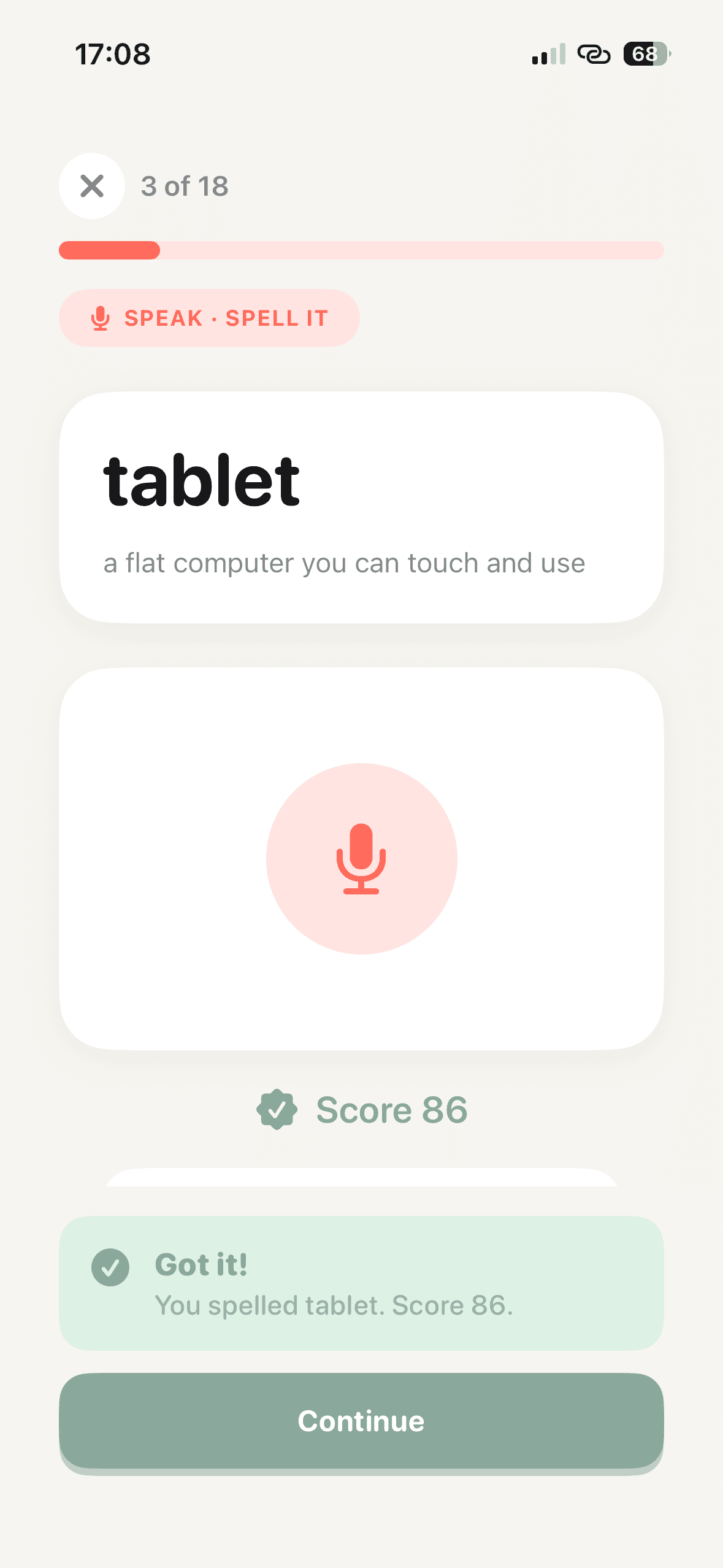 Speak and spell exercise with score feedback