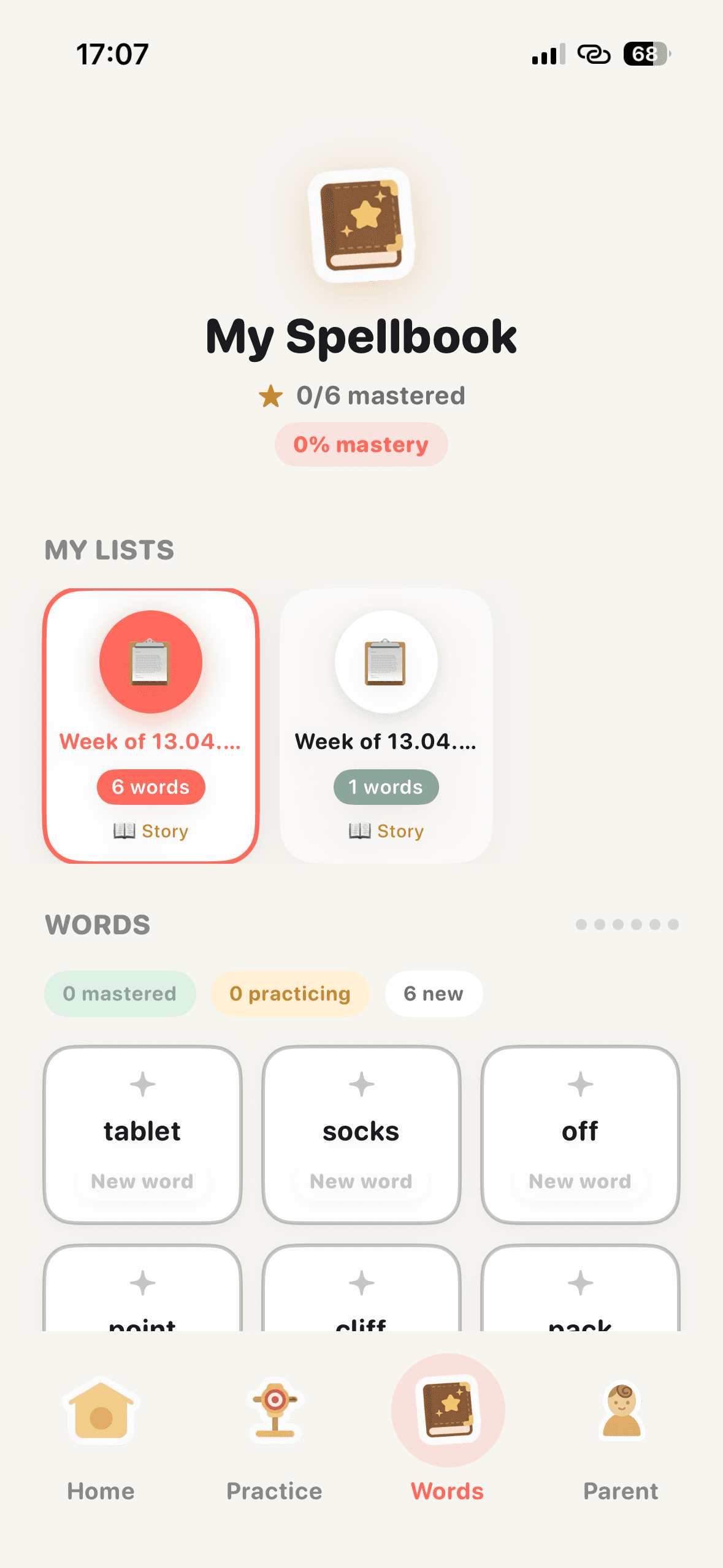 Spellbook of all practiced words grouped by mastery